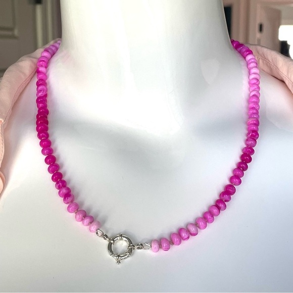 Hot Pink Opals Hand Knotted Light Pink Silk With 925 Sterling Silver Clasp. 21” - Picture 8 of 11